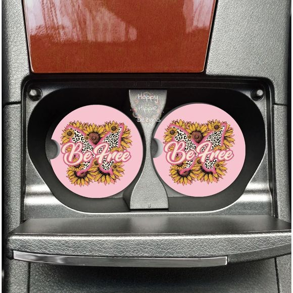 Retro Pink Sunflower Be Free Car Coasters 2 Pack - Picture 2 of 6